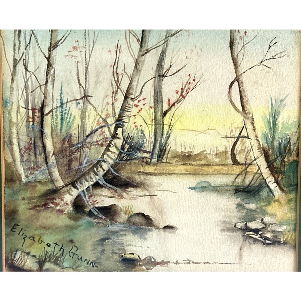 Elizabeth Gunn Signed Original Watercolor Woodland Stream Framed 15.5x14.5 - Picture 2 of 6